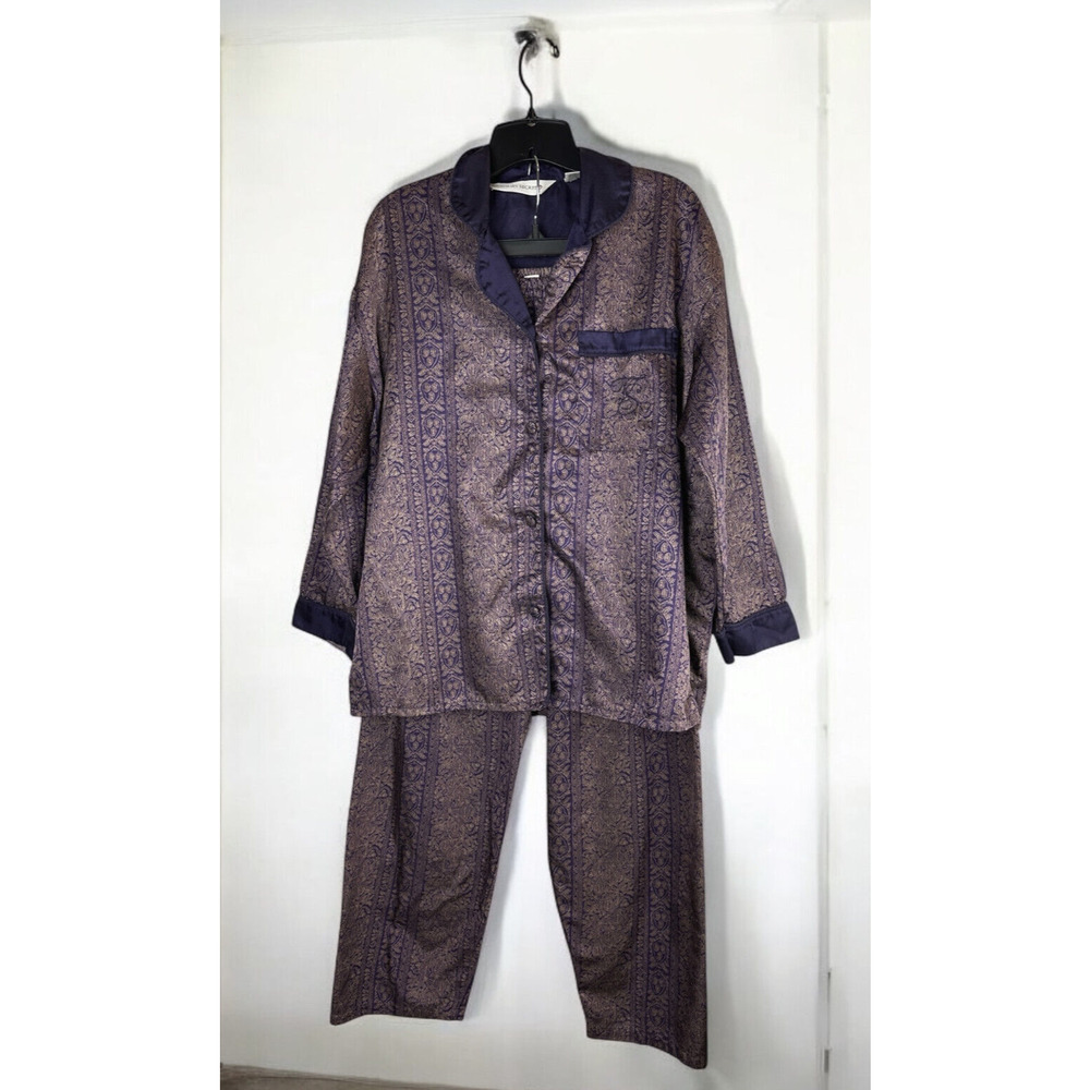 Victoria's Secret Satin-Like Pajama Set Purple Gold Paisley Button Shirt Pants S - Picture 2 of 16